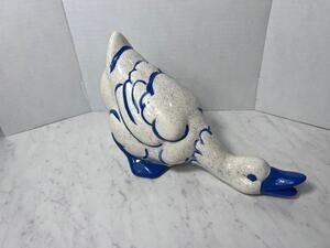 Vintage Blue & White Spongeware Ceramic Duck Figurine - Farmhouse Decor